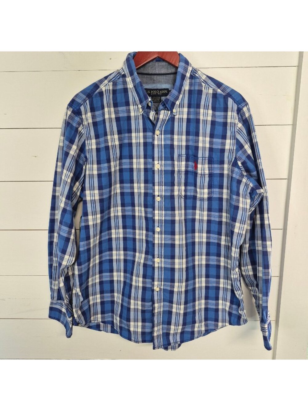 U.S. Polo Assn. Men's Blue Plaid Button-Down Long-Sleeve‎ Shirt Size xL